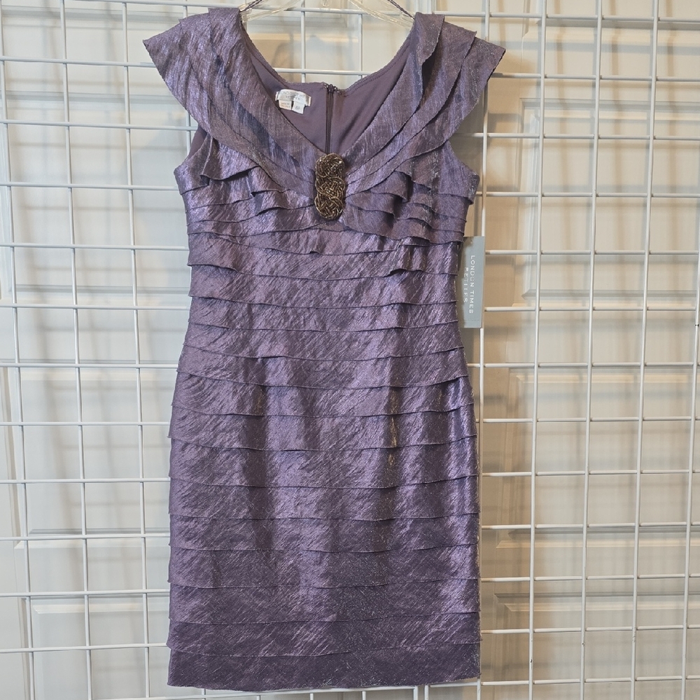 London Times Knee Length Sheath Formal Purple Dress‎ With Bead Detail 6P NWT